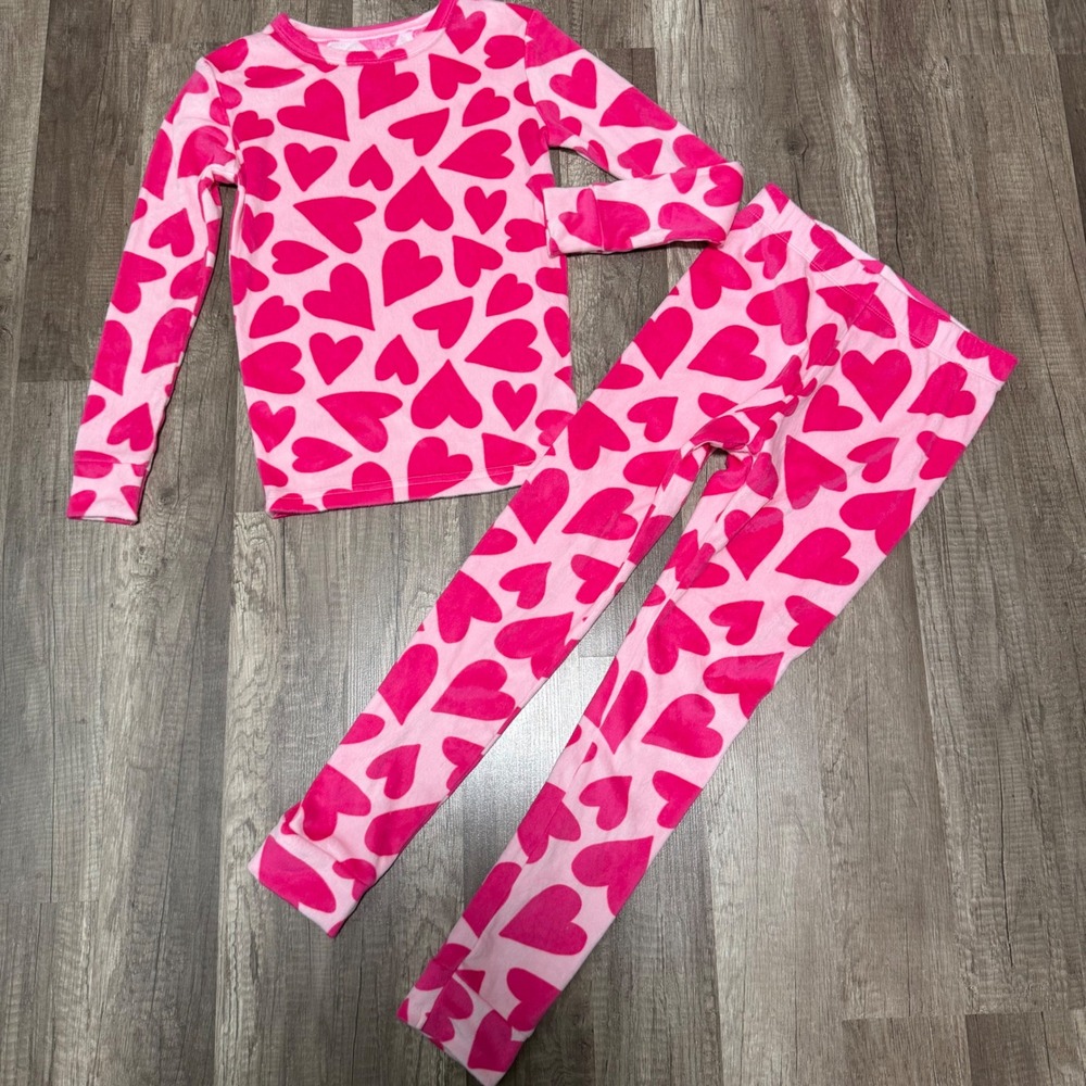Cat & Jack Girls Pink Heart Fleece Pajama Set 2pc Size 10 Cozy Snug Fit PJ